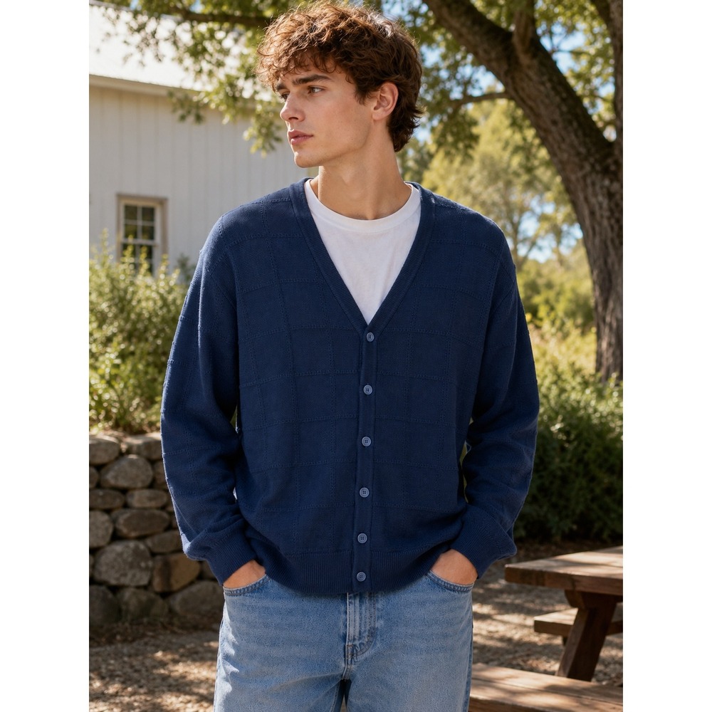 Vintage Roundtree & Yorke Cardigan Sweater Large Navy Textured Wool Blend Button